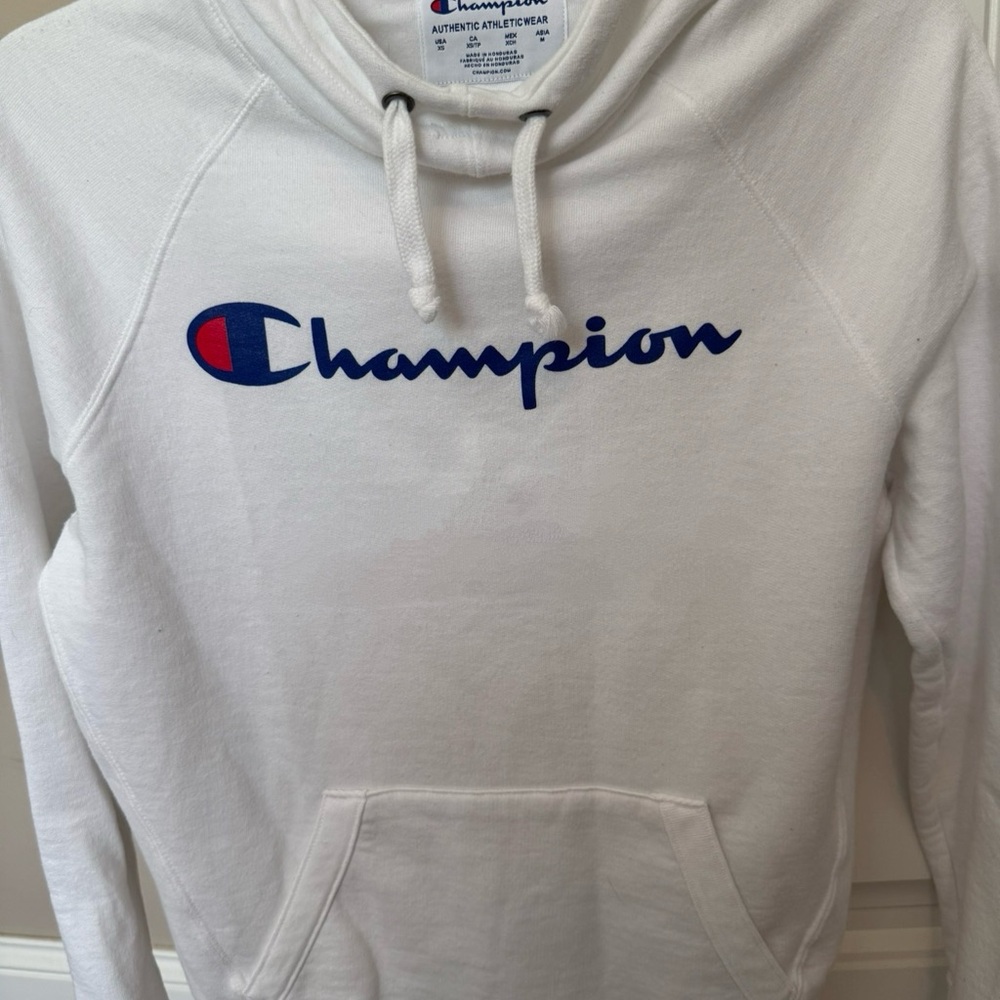 Champion White Hoodie with Blue Logo
